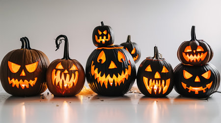 Illuminated jack-o-lanterns on a white background, creating a festive Halloween background in a studio shot.の素材