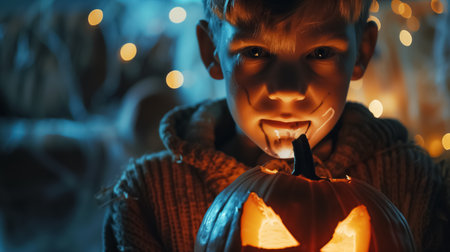 A child with a sinister expression on Halloween night, holding a glowing pumpkin and looking at the camera.の素材