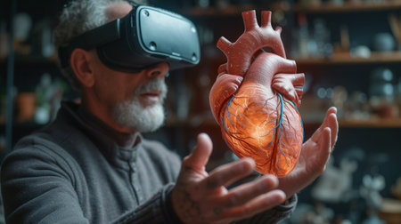 In the future of medical science, a cardiologist doctor uses augmented reality to touch a virtual screen adorned with a heart icon, conducting intricate diagnostics analysis.の素材