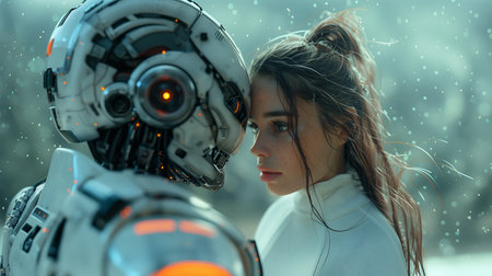 Portrait of a romantic couple a human woman and a male robot machine, showcasing their deep affection and the symbiotic relationship between human emotion and robotic precision.の素材