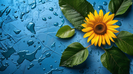 Water drops on a sunflower flower against blue backgrounds in a bright studio shot.の素材