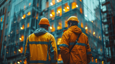 Back view of two professional construction workers in hardhats, standing on an urban construction site. These engineers are part of a dedicated team working on industrial development.の素材