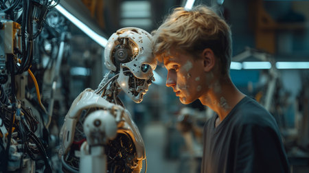 In the factory, a person and a robot stand face to face, symbolizing the conflict between human and AI.の素材