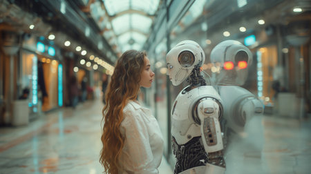 This image captures a human woman and a robot standing head to head, showcasing their intimate connection amidst a cityscape backdrop, symbolizing a romantic relationship between human and machine.の素材