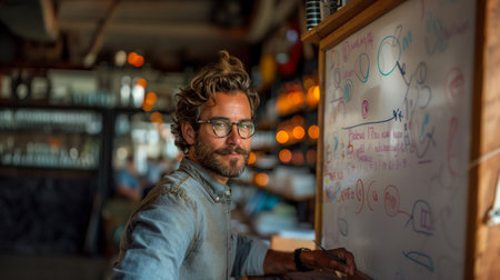 Middle-aged professor with eyeglasses in the classroom, looking at the camera and ready to offer a meaningful lesson to studentsの素材