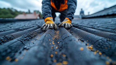 Detailed close up of a worker hands engaged in the installation of roof tiles, showing the careful and professional approach to roof repair.の素材