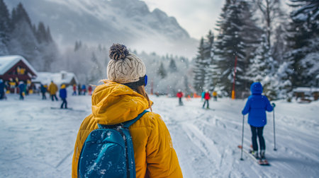 Back view of a person skiing down a snowy slope, with a backpack and helmet on a sunny winter day. The winter landscape emphasizes the excitement and beauty of winter sports.の素材