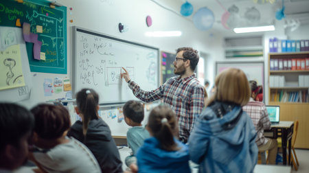 Mid adult male science teacher standing by the whiteboard in a classroom, actively engaging with students during a science lesson. The teacher enthusiasm enhances the learning experienceの素材