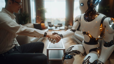 An illustrative image of a businessman and a robot shaking hands, depicting the seamless synergy between human expertise and artificial intelligence.の素材