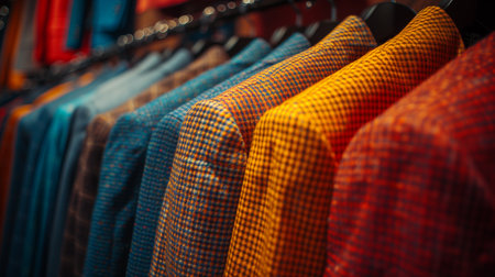 Detailed Close-Up of Men Suits Hanging on Hangers in a High-End Boutique. The Image Highlights Different Textiles and Stylish Costumes for a Sophisticated Wardrobe.の素材