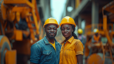 Black Man and Woman Construction Workers in Hard Hats and Safety Glasses at a Construction Site. The background of scaffolding and construction materials shows their roles in the industry.の素材