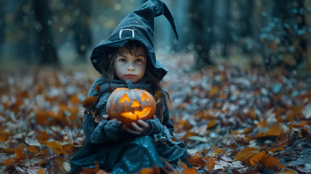 On Halloween night, a girl kid wearing witch halloween costume with illuminated carved pumpkins in her hands, looking at the camera.の素材