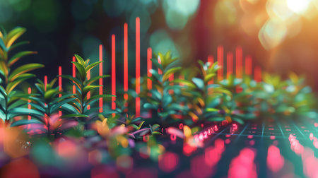 3d illustration of abstract background with green plant and growing graph.の素材