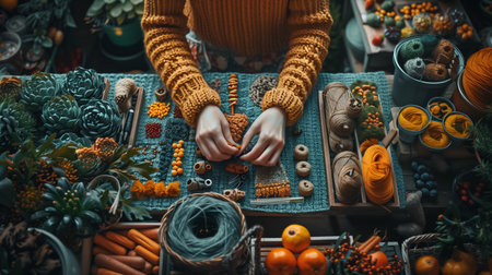A woman is sitting at a table with a variety of items, including a basket of oranges and a bowl of carrots. She is working on a craft project, possibly making a necklace or braceletの素材