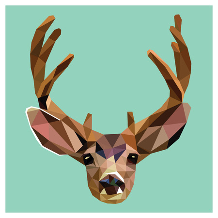 Deer colorful low poly design isolated on blue background with white outline. Animal portrait card design. Background with wild animal. Vector illustration deer with horns.のイラスト素材
