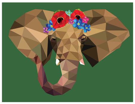 Elephant head colorful low poly design with beautiful floral crown isolated on blue background with white outline. Animal portrait card design. Background with wild animal. Vector illustrationのイラスト素材
