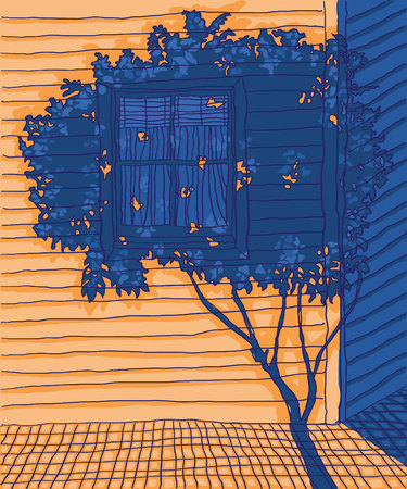 Hand drawn vector exterior colorful art sketch design. Building with window illustration. Orange light shining onto walls. Shades of blue shadows.のイラスト素材