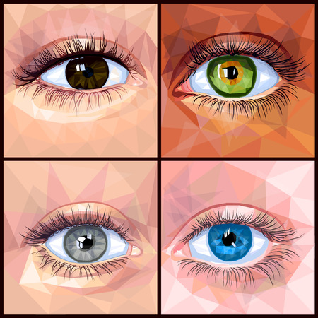 Human eye set colorful realistic low poly designs isolated on dark background. Vector illustration of different eye and skin colors. Collection in a modern style.のイラスト素材
