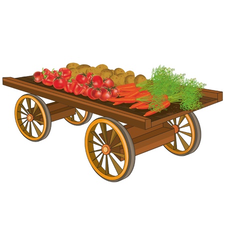 Wooden cart with vegetables - tomatoes, red peppers, potatoes,  carrots, on the white background.  Vector illustration.のイラスト素材
