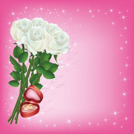 Wedding greeting or invitation cards with bouquet of white roses and wedding ringsのイラスト素材