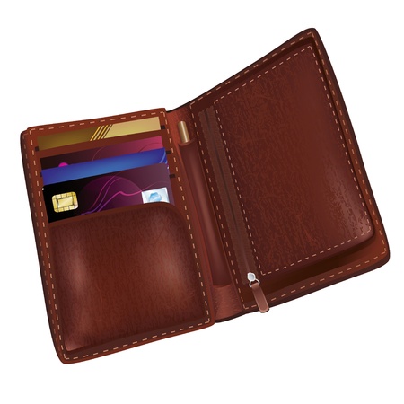 Realistic brown leather wallet with credit card and business cards isolated on white backgroundのイラスト素材