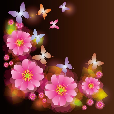 Abstract glowing background with exotic flower and butterflyのイラスト素材