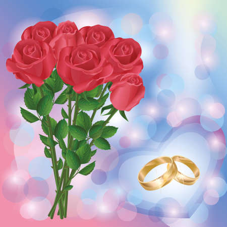 Wedding greeting or invitation cards with bouquet of red roses and wedding ringsのイラスト素材