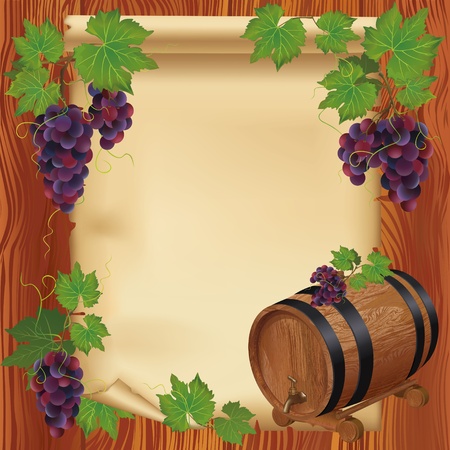Background with realistic grape, barrel and old paper on wooden boardのイラスト素材