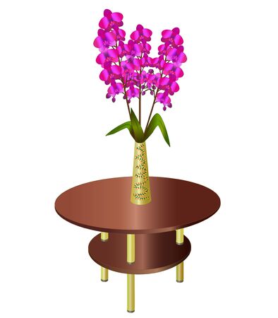 Bouquet of orchids in vase on coffee table, element of interior, isolated on white background  Vector illustration のイラスト素材