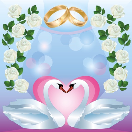 Wedding greeting or invitation card with two white swans, wedding rings, decorated white roses  Vector illustrationのイラスト素材