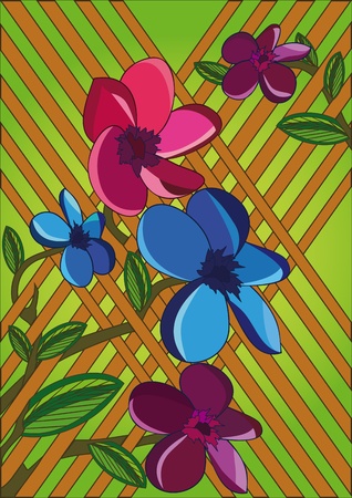 Background with flowers and wooden grate, greeting card. Vector illustrationのイラスト素材