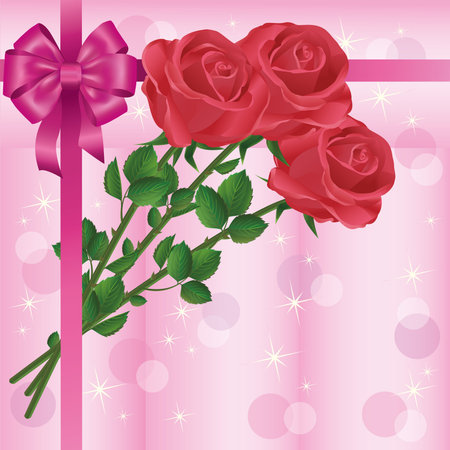 Greeting or invitation card with bouquet of red roses and bow, vector illustrationのイラスト素材