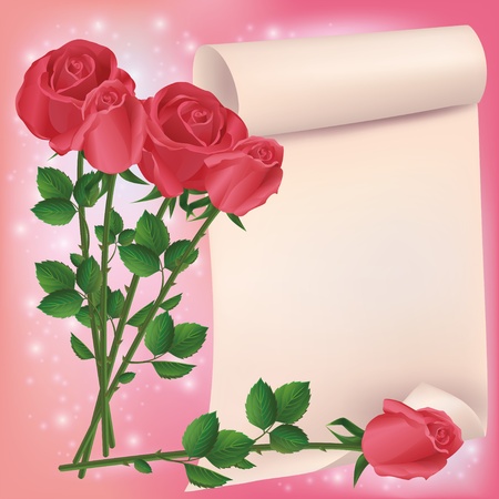 Greeting or invitation card with bouquet of red roses and sheet of paper- place for text. Vector illustrationのイラスト素材