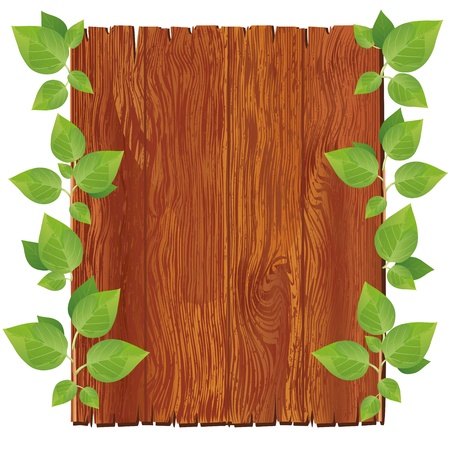 Wooden board with green leaves isolated on white background. Vector illustrationのイラスト素材
