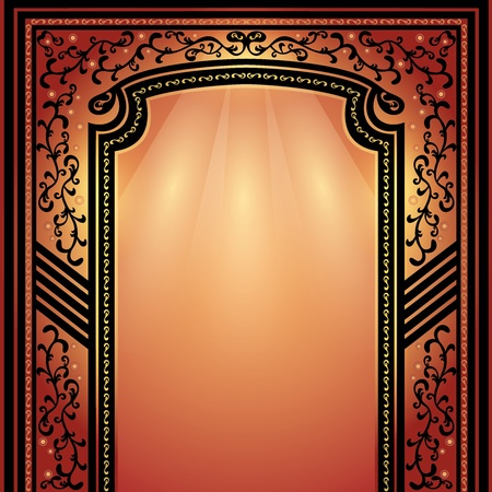 Background with decorative arch and columns golden-dark red, elegance floral frameのイラスト素材