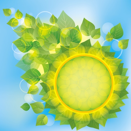 Abstract eco background with fresh green leaves, decorated bubble and circle  Place for text, vector illustrationのイラスト素材