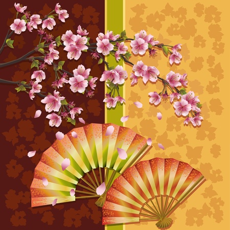 Japanese ornamental background with two fans and sakura blossom- Japanese cherry tree, symbol of oriental culture, vector illustrationのイラスト素材