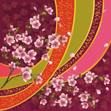 Oriental ornamental background with sakura blossom - Japanese cherry tree and ribbon with pattern, vector illustrationのイラスト素材