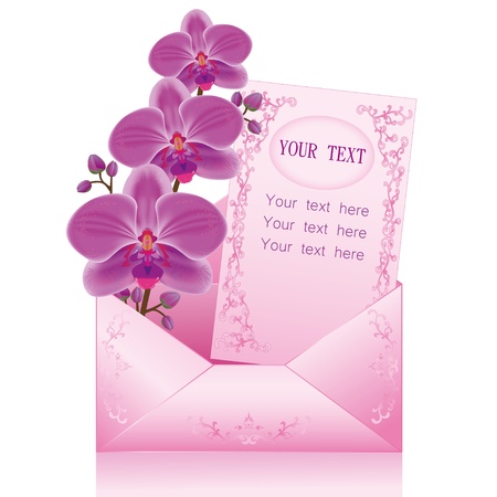 Greeting or invitation card with purple orchid and paper - place for text  in envelope, isolated on white background  Vector illustrationのイラスト素材