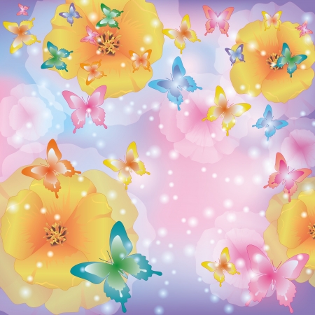 Floral summer background abstract with flowers california poppies and colorful butterflies. Beautiful glowing greeting or invitation cardのイラスト素材