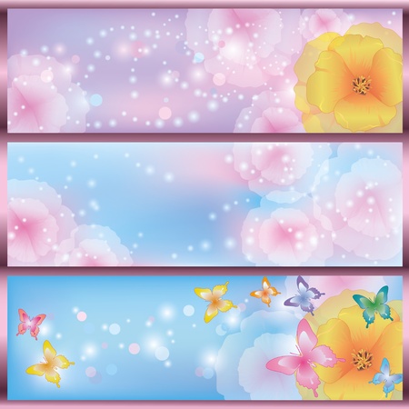 Set of horizontal glowing floral banners with flowers California poppies and butterflies. Greeting or invitation cardのイラスト素材