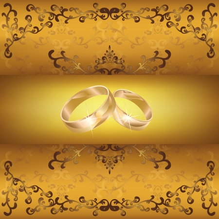 Wedding greeting or invitation card with two wedding rings and golden decorative ornament,  retro or vintage styleのイラスト素材