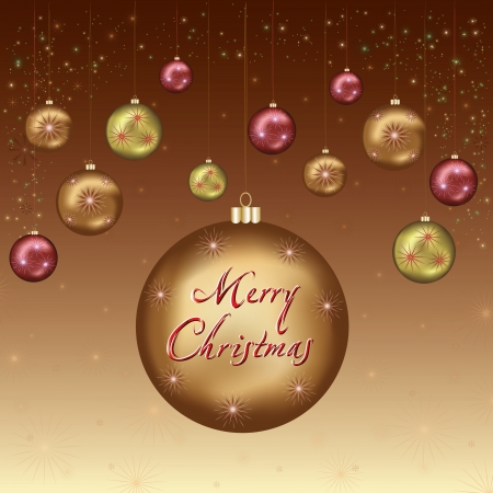 Golden - brown Christmas and New Year card with christmas balls, snowflakes and stars. のイラスト素材