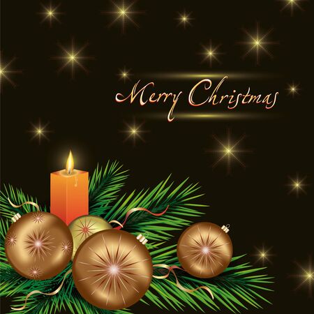 New year and Christmas card with christmas fir tree, christmas tree balls and candle. のイラスト素材