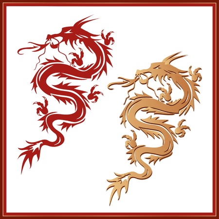 Set of red and golden dragons - symbol of oriental culture, isolated on white background  Dragon tattoo  illustrationのイラスト素材