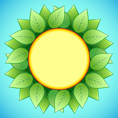 Abstract eco background with stylish sunflower. Decorative frame with green leaves, place for text, illustrationのイラスト素材