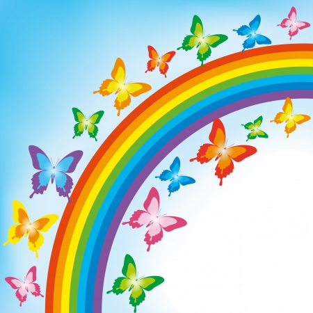 Background with colorful butterflies and rainbow  Spring or summer abstract wallpaper  Vector illustration のイラスト素材