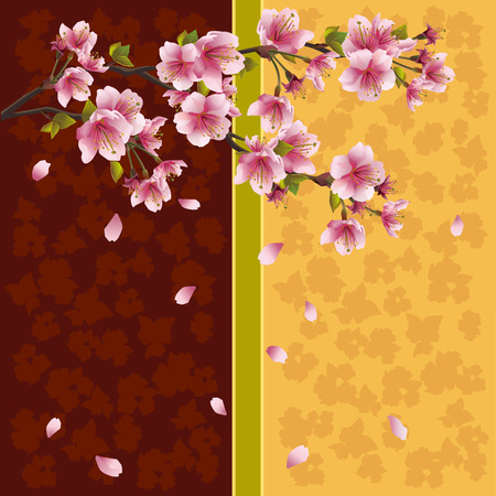 Romantic golden-brown background with sakura blossom - Japanese cherry tree with falling petals, place for text  Beautiful stylish greeting or invitation card in oriental style  Vector illustrationのイラスト素材