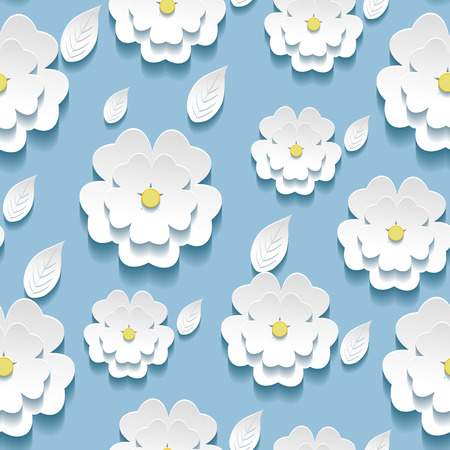 Beautiful background seamless pattern blue with white blossoming 3d flower sakura and leaves  Floral trendy modern wallpaper  Vector illustrationのイラスト素材