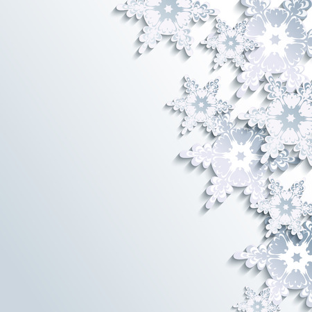 Stylish creative gray background with abstract 3d snowflake. Trendy winter wallpaper with white and grey ornate snowflakes. Beautiful New Year and Christmas card with place for text. Vector illustrationのイラスト素材